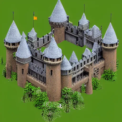 Prompt: medieval castle in a jungle, 3 d, isometric, courtyard, very low poly