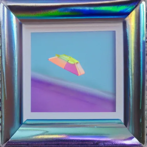 Image similar to a pastel colour high fidelity Polaroid art photo from a holiday album at a seaside with abstract inflatable parachute furniture, all objects made of transparent iridescent Perspex and metallic silver, no people, iridescence, nostalgic