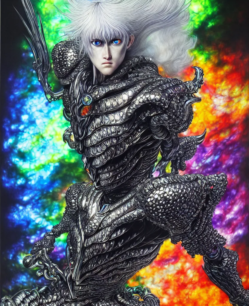 Prompt: realistic detailed image of ultra wrathful rainbow diamond iridescent mega griffith from berserk, depth perception, depth of field, action horror by ayami kojima, neo - gothic, gothic, part by adrian ghenie and gerhard richter. art by yoshitaka amano. masterpiece