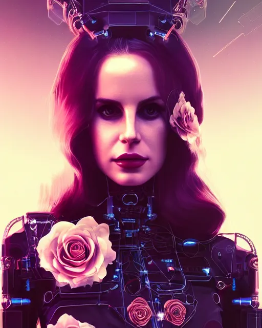 Image similar to portrait of lana del rey as a cyberpunk cyborg. roses, sci - fi, intricate abstract upper body intricate artwork, by tooth wu, wlop, beeple, dan mumford. concept art, octane render, deviantart, greg rutkowski, cinematic arthouse, key art, hyper realism, iridescent accents