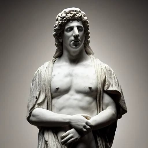 Image similar to a realistic greek white marble statue of adam sandler wearing a ghostly toga, displayed in a museum art gallery, moody, dramatic lighting, dark, photorealistic, cinematic scene, super detailed, hyper realistic, bright lights, 8 k