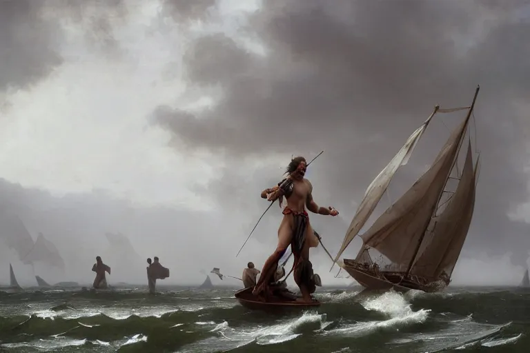 Image similar to ancient historically accurate depiction of Bible Character walking on water during a storm, a small fishing sailboat with scared sailors on board, dramatic lighting by frank miller, illustration by Ruan Jia and Mandy Jurgens and William-Adolphe Bouguereau, Artgerm, 4k, digital art, surreal, space dandy style, highly detailed, godsend, artstation, digital painting, concept art, smooth, sharp focus, illustration by Ruan Jia and Mandy Jurgens and William-Adolphe Bouguereau, Artgerm