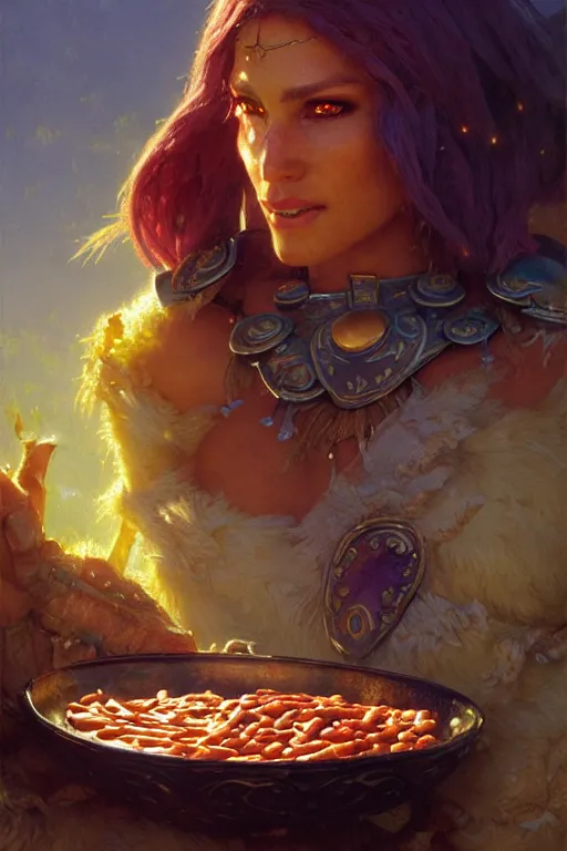 Image similar to extremely detailed painting of a beautiful night elf, in a set of night elf armor, eating baked beans, painting by gaston bussiere, craig mullins, greg rutkowski,