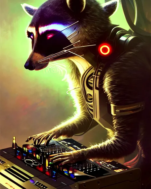 Prompt: cyborg dj raccoon mixing on stage, diffuse lighting, fantasy, intricate, elegant, highly detailed, lifelike, photorealistic, digital painting, artstation, illustration, concept art, smooth, sharp focus, art by john collier and albert aublet and krenz cushart and artem demura and alphonse mucha