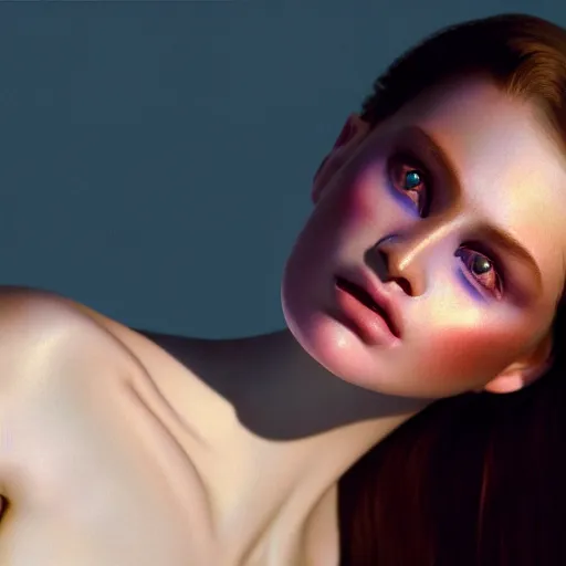 Image similar to photographic portrait of a stunningly beautiful renaissance female with pearlescent skin, white irises and dark eye makeup, in soft dreamy light at sunset, god rays, contemporary fashion shoot, by edward robert hughes, annie leibovitz and steve mccurry, david lazar, jimmy nelsson, extremely detailed, hyperrealistic, perfect face, octane render