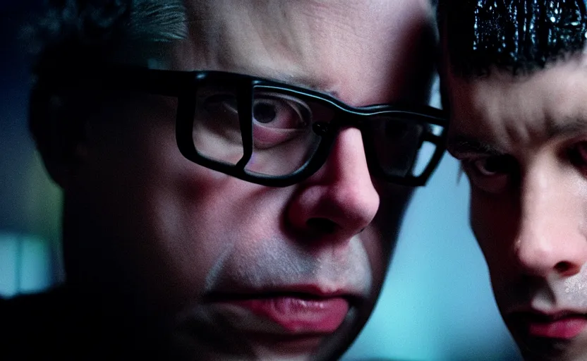 Image similar to cinestill 5 0 d candid photographic portrait by david cronenberg of todd solondz francis black, modern cyberpunk moody emotional cinematic, closeup, pouring rain menacing lights shadows, 8 k, hd, high resolution, 3 5 mm, f / 3 2, ultra realistic faces, ex machina