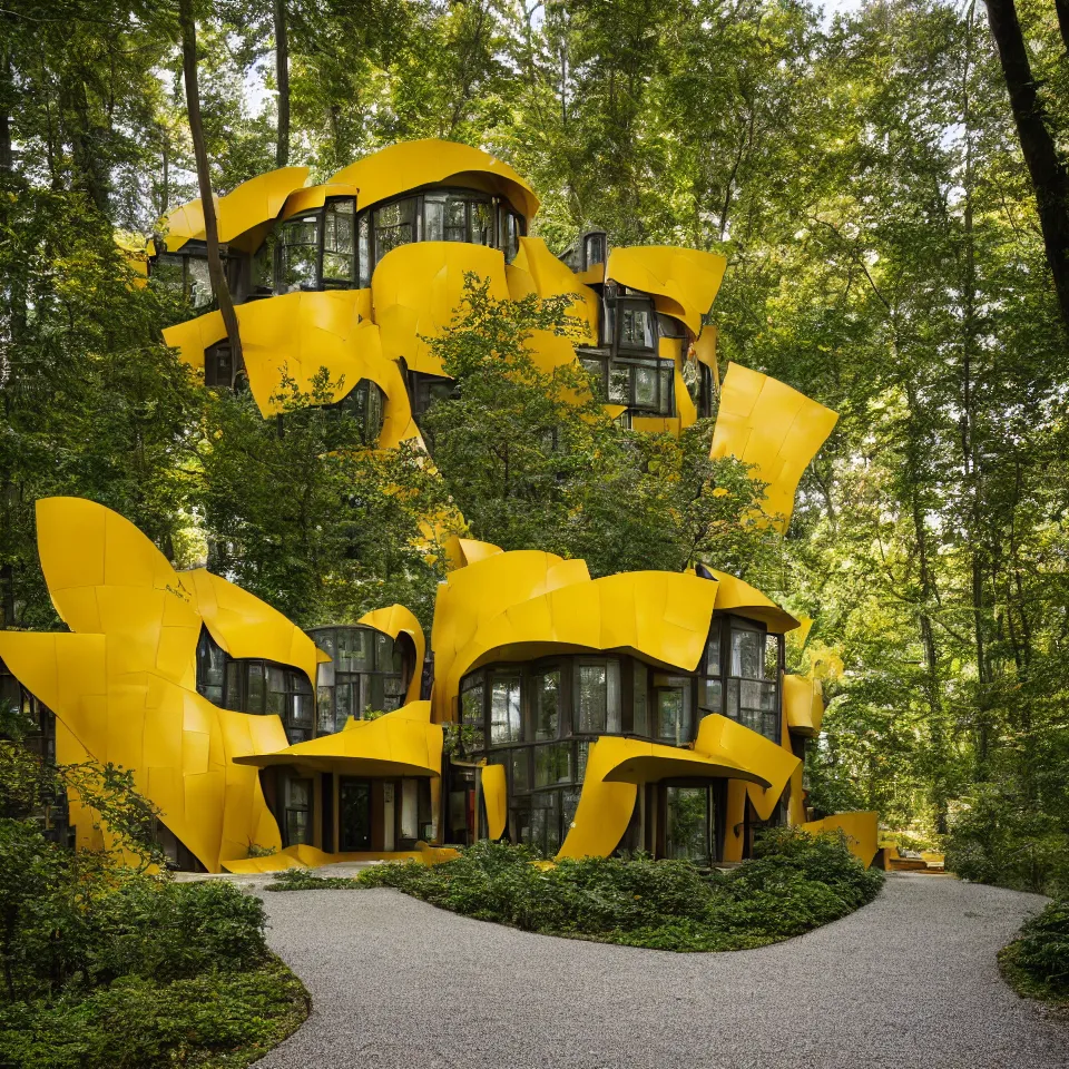 Image similar to a house in a light forest clearing, designed by Frank Gehry. Tiles. Gravel pathway with parking. Film grain, cinematic, yellow hue