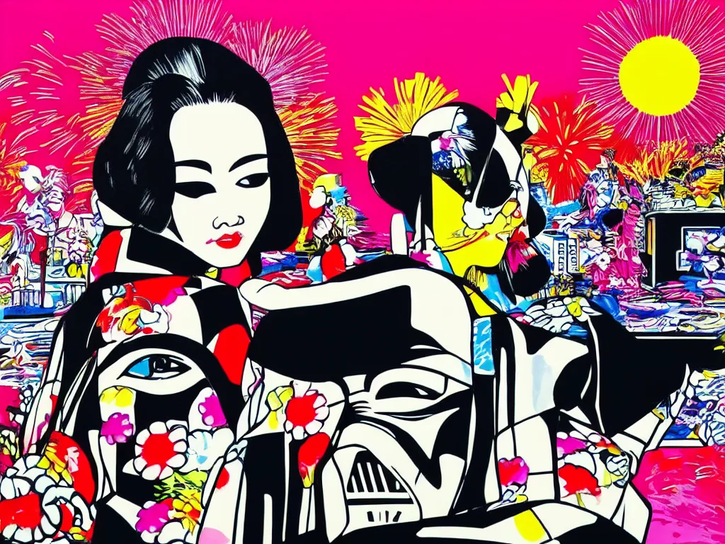 Prompt: hyperrealistic composition, in the middle a woman in a japanese kimono, behind her stands darth vader, in front of her a table from the casino, in the background is mount fuji and fireworks, pop - art style, jacky tsai style, andy warhol style, roy lichtenstein style, acrylic on canvas