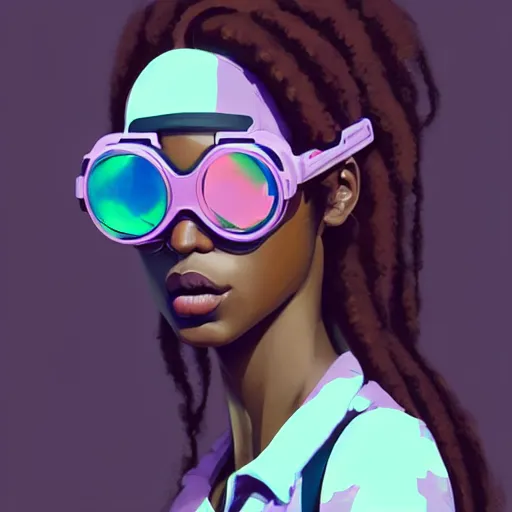 Image similar to beautiful woman wearing opaque reflective goggles profile picture by greg rutkowski, brown skin, long afro hair, asymmetrical, futuristic, pastel neon colors, streetwear, studio ghibli, organic painting, matte painting, geometric shapes, hard edges, street art, trending on the artstation, fantasy lut, realistic by sachin teng,