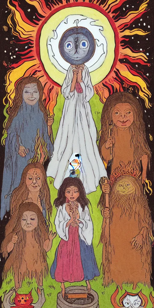 Image similar to small impish joyful creature in white robe with glowing eyes and sun ray flame hair holding lit matches and singing, three sisters visiting, The Queen in the Cave Children's book illustration, traditional folk art style, gouache on paper, outsider art, David Palladini, Mu Pan, Carson Ellis, Julia Sarda, tarot card, Henry Darger, Louis Wain, creepy, 8k, high resolution