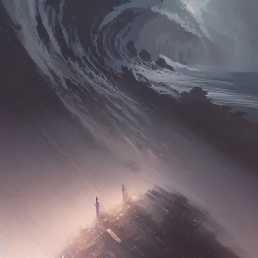 Prompt: concept art by greg rutkowski, a gigantic wave of a hundred thousand meters rising, dark lighting, uncanny and scary atmosphere, scifi, digital painting, artstation, concept art, smooth, sharp foccus ilustration, artstation hq