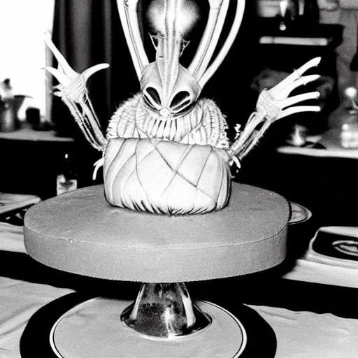 Image similar to Giger's Alien wearing a tutu at his birthday party, nostalgic 90's photo
