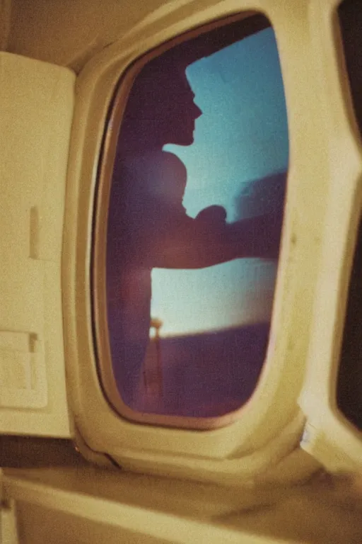 Prompt: far away kodak ultramax 4 0 0 photograph of a skinny guy in a spaceship, back view, looking out window, grain, faded effect, vintage aesthetic, vaporwave colors, cyber aesthetic, space aesthetic,