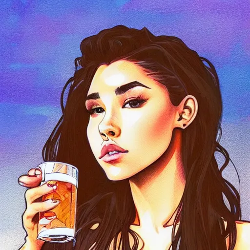 Prompt: Madison Beer drinking beer in the parking lot, realistic, sunset 😂😂😂☺️☺️☺️, in the style of Artgerm and Alphonse Mucha