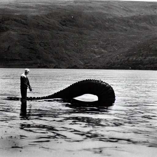 Image similar to Sir David Attenborough at a lake, with Loch Ness Monster Nessie plesiosaur in the water