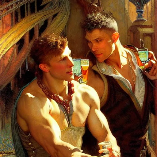 Prompt: attractive muscular arthur pendragon and muscular attractive merlin go to a pub together to have some drinks. highly detailed painting by gaston bussiere, craig mullins, j. c. leyendecker, alphonse mucha 8 k