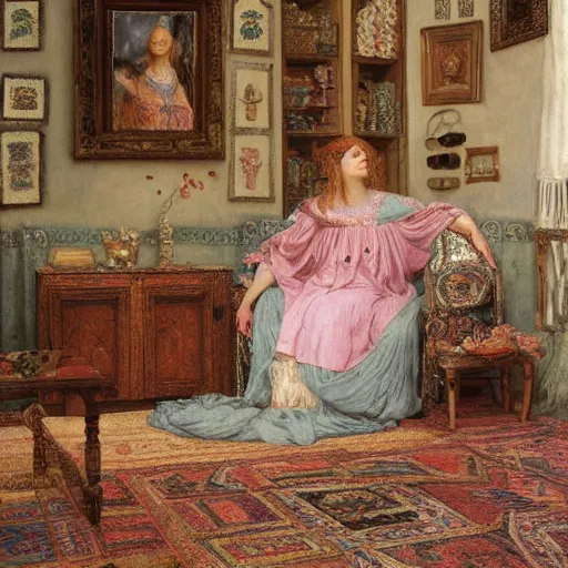 Image similar to a renaissance oil painting by Alma Tadema of a ghost woman inside an intricately decorated living room, pastel color scheme, digital painting, high detail