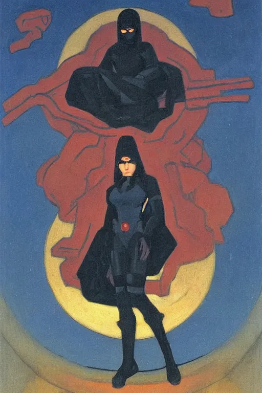 Image similar to black widow, marvel, artwork by nicholas roerich,