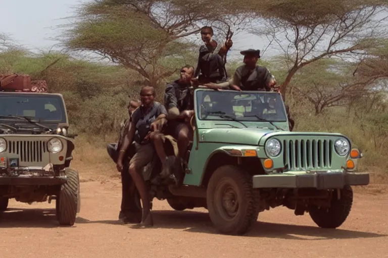 Image similar to cinematography police sitting on jeep in Africa by Emmanuel Lubezki