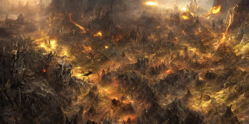 Image similar to aerial long shot fantasy battlefield with knights versus demons with magic and terror beasts, digital art, detailed, art station, render, volumetric light