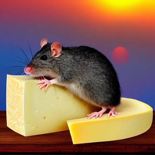 Image similar to rat made of slices of cheese with a sunset in the background, digital art