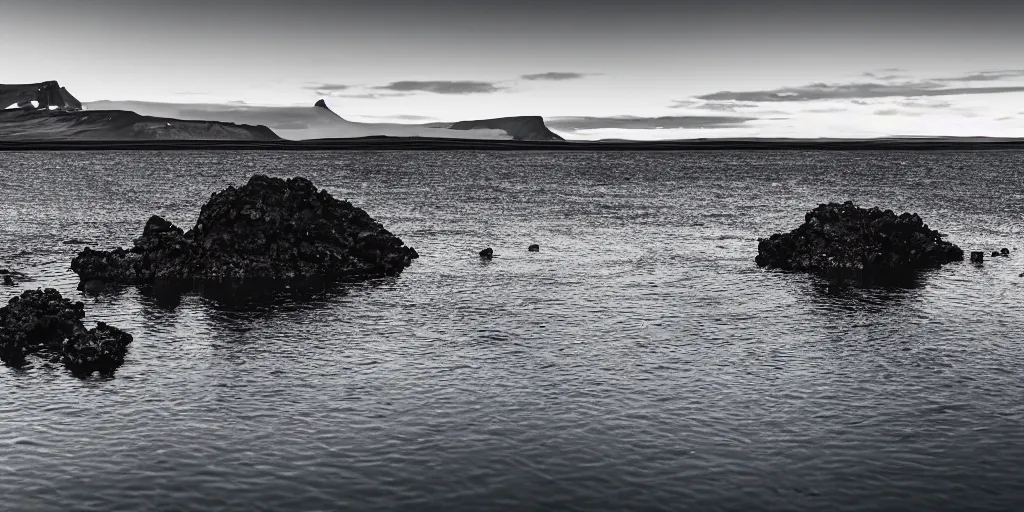 Image similar to cinematic wide shot of rop in the water in the middle of a lake in iceland, a rocky foreground, sunset, a bundle of rope is in the center of the lake, eerie vibe, leica, 2 4 mm lens, 3 5 mm kodak film, f / 2 2, anamorphic