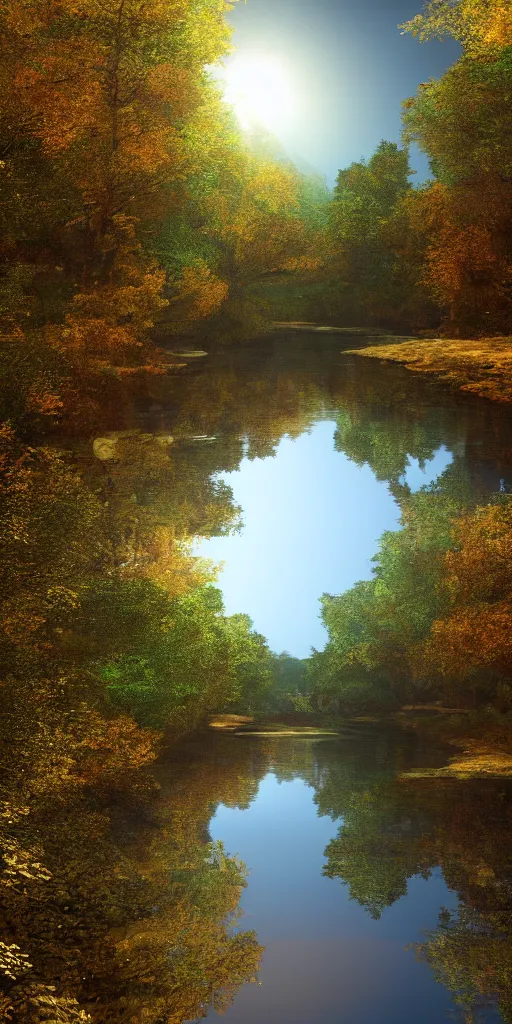 Image similar to river in a forest, golden hour, ray tracing reflection, 8k, hyper realistic, insainly detailed, hdr, octan render