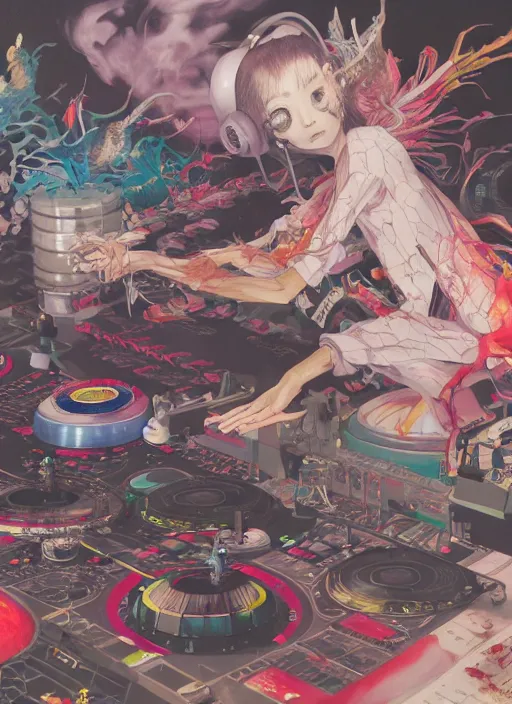 Image similar to surreal gouache painting, by yoshitaka amano, by ruan jia, by Conrad roset, by good smile company, detailed anime 3d render of chemical magical flying Vinyl records close to the DJ Mixer, deck surrounded by chemical magical Dragonflies, Vinyl records, controller, portrait, cgsociety, artstation, rococo mechanical and Digital and electronic, dieselpunk atmosphere