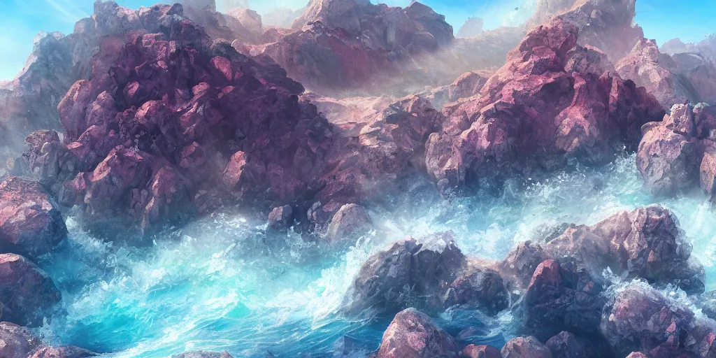 Image similar to sheer rugged crystal rose coloured quartz cliff, viewed from the ocean, illustration, bright sunlight, sun glints, sunrays, digital art, hyperrealistic, oil painting, fantasy, 8 k, trending on artstation, detailed