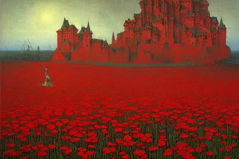 Image similar to only with red, red flowers of different types, a red tiger, a castle in the background, medieval demons dance over the flowers, an ancient path, in the style of beksinski, part by hopper, part by rodcenko, part by hofbauer, intricate composition, red by caravaggio, insanely quality, highly detailed, masterpiece, red light, artstation