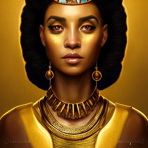 Image similar to Beautiful aesthetically pleasing regal Cleopatra portrait, face centered portrait, Confident, fog, volumetric lighting, beautiful, golden hour, sharp focus, ultra detailed, conceptartworld by Leesha Hannigan, Ross Tran, Thierry Doizon, Kai Carpenter,Ignacio Fernández Ríos