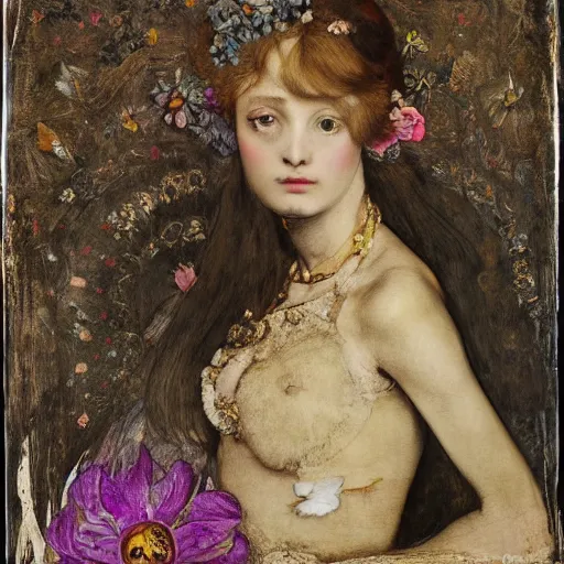 Prompt: a beautiful young lady with huge bright silver eyes, Gold intricate details, delirium of flowers and butterflies, daguerreotype by pontormo, by gustave moreau, by Mackintosh, by schiele, art noveau, highly detailed, strong lights, liminal, eerie, Bright pastel colors