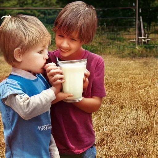 Image similar to photo of a couple of kids drinking milk directly from cow udder, realistic, award winning photo, national geographic