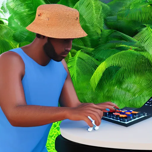 Image similar to man in a blue bucket hat playing a midi controller launchpad ableton live from a beautiful island in the tropics, photo realistic, 4 k render, cinema 4 d, maya, zbrush, portrait,