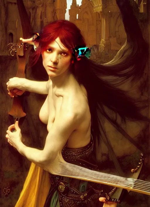 Prompt: elf bard playing lute, full body, hyper realistic, extremely detailed, dnd character art portrait, dark fantasy art, intricate fantasy painting, dramatic lighting, vivid colors, deviantart, artstation, by edgar maxence and caravaggio and michael whelan and delacroix.