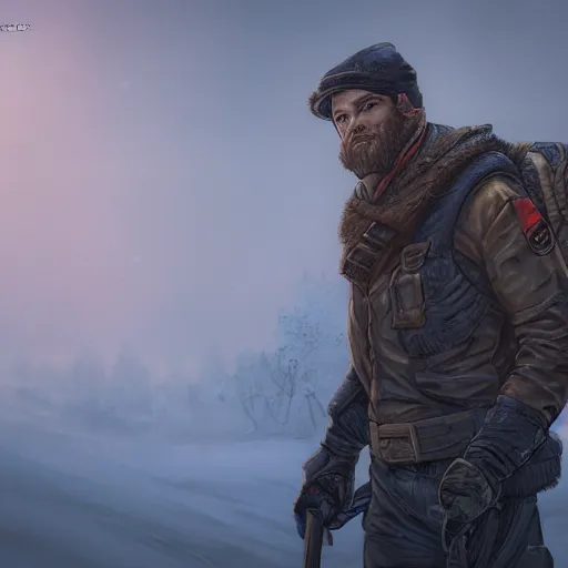 Image similar to A comic book style portrait painting of a male ranger in a a post apocalyptic winter landscape, unreal 5, DAZ, hyperrealistic, octane render, RPG portrait, ambient light, dynamic lighting