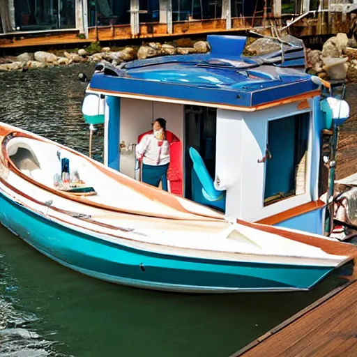 Prompt: a toilet made of teeth, on a boat