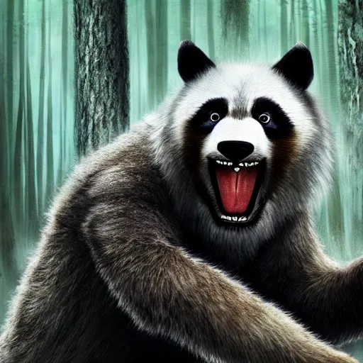 Image similar to photo of a human partially transforming into a werewolf that looks like a panda, in the moonlit forest. physiological transformation ; hybrid creature. highly - detailed ; photorealistic.