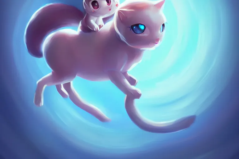 Image similar to cinematic portrait of cute Mew riding large blue bubble, oil on canvas, masterpiece, trending on artstation, featured on pixiv, cinematic composition, dramatic pose, beautiful lighting, sharp, details, hyper-detailed, HD, HDR, 4K, 8K