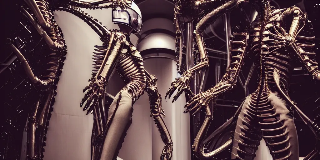 Image similar to space station, walking down the catwalk, stage, vogue photo, podium, fashion show photo, iris van herpen baroque dress, helmet on face, beautiful woman, perfect body, full body shot, masterpiece, guyver, giger, biomechanical details, denis villeneuve, legendary dragon, cinestill, bokeh, artstation