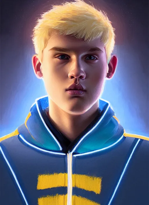 Image similar to portrait of high school senior boy named big moose, blonde short hair, jock, beefy, wide face, square jaw, square facial structure, blue varsity jacket with letter r, intricate, elegant, glowing lights, highly detailed, digital painting, artstation, concept art, sharp focus, illustration, art by wlop, mars ravelo and greg rutkowski