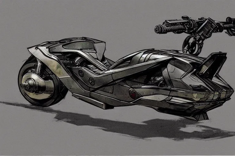 Image similar to cyberpunk hoverbike parked on city sidewalk concept art by syd mead