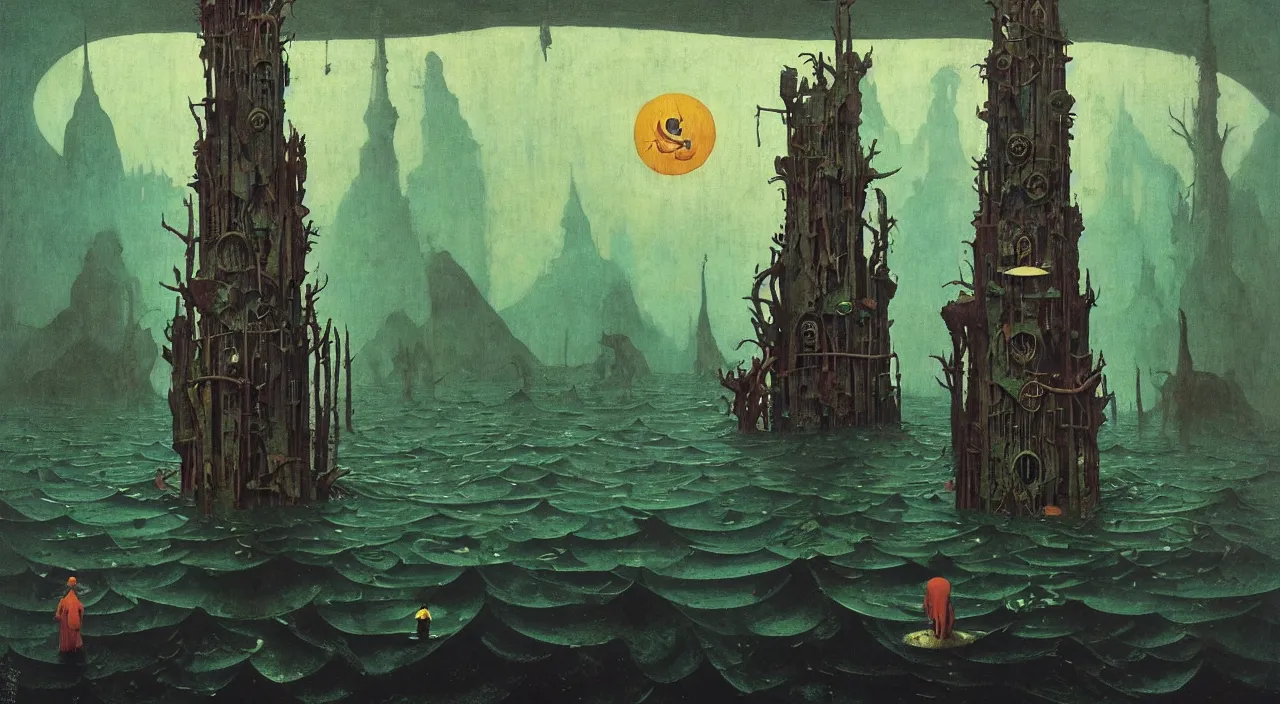 Image similar to single flooded simple!! tribal totem tower anatomy, very coherent and colorful high contrast masterpiece by norman rockwell franz sedlacek hieronymus bosch dean ellis simon stalenhag rene magritte gediminas pranckevicius, dark shadows, sunny day, hard lighting