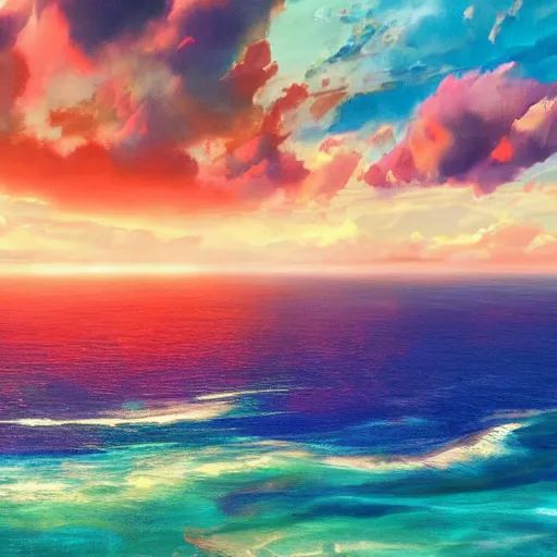 Prompt: An ocean!!!!! stretching as far as the eye can see, with overhead cloudy!!!!! skies, photorealistic imagery, lush atmosphere, vibrant!!!!! and colorful art style, trending on artstation, 4k, 8k
