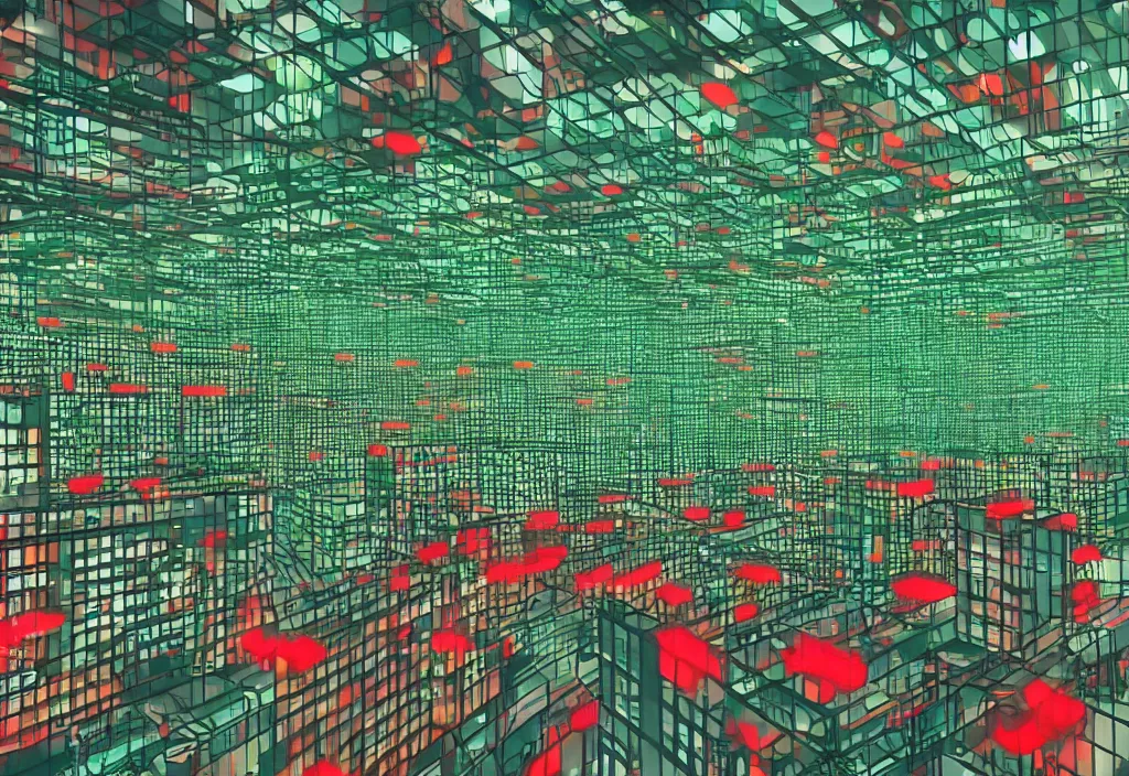 Image similar to dystopian office space with infinite rows of cubicles, vintage computers, neon light, giant screens on the walls, atrium, concrete walls, no windows, lots of cables, green leds, red leds, concept art by katshiro otomo