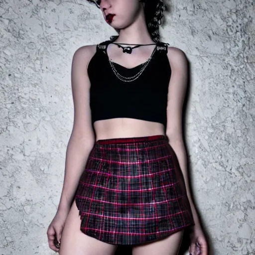 Prompt: gothic teen girl in plaid mini skirt and crop top, intricate, extremely detailed, modeling photography, 8 0 mm camera, dramatic lighting, dark room