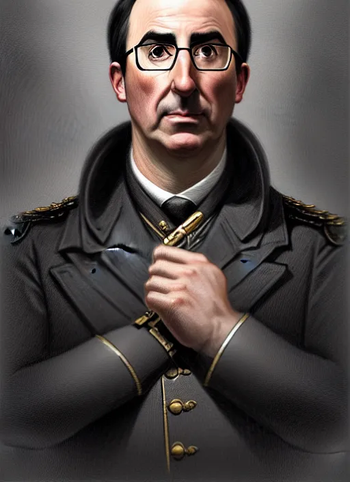 Prompt: portrait of stoic looking john oliver as in the vigo carpathian painting, military uniform, fantasy, intricate, elegant, beautiful, highly detailed, charcoal, centered, dark, smokey, digital painting, artstation, concept art, smooth, sharp focus, illustration, art by artgerm and greg rutkowski and alphonse mucha