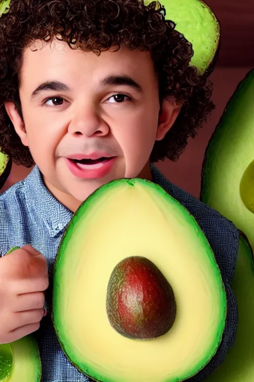 Image similar to 📷 gaten matarazzo face on avocado 🥑, made of food, head portrait, dynamic lighting, 4 k