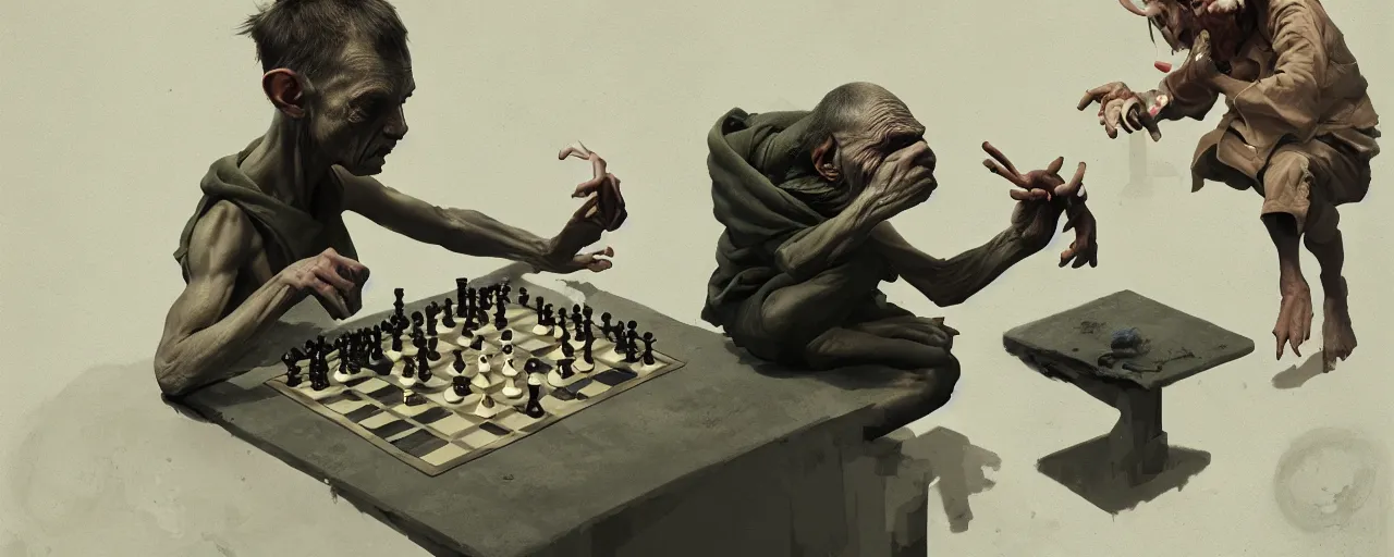 Image similar to duotone olive illustration 3 / 4 portrait of gollum playing chess composition accidental renaissance golden ratio. by sachin teng and sergey kolesov and ruan jia and heng z. graffiti art, scifi, fantasy, hyper detailed. octane render. concept art. trending on artstation