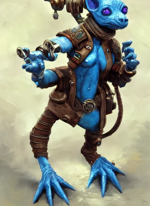 Prompt: blue skinned d & d kobold artificer painted by raymond swanland